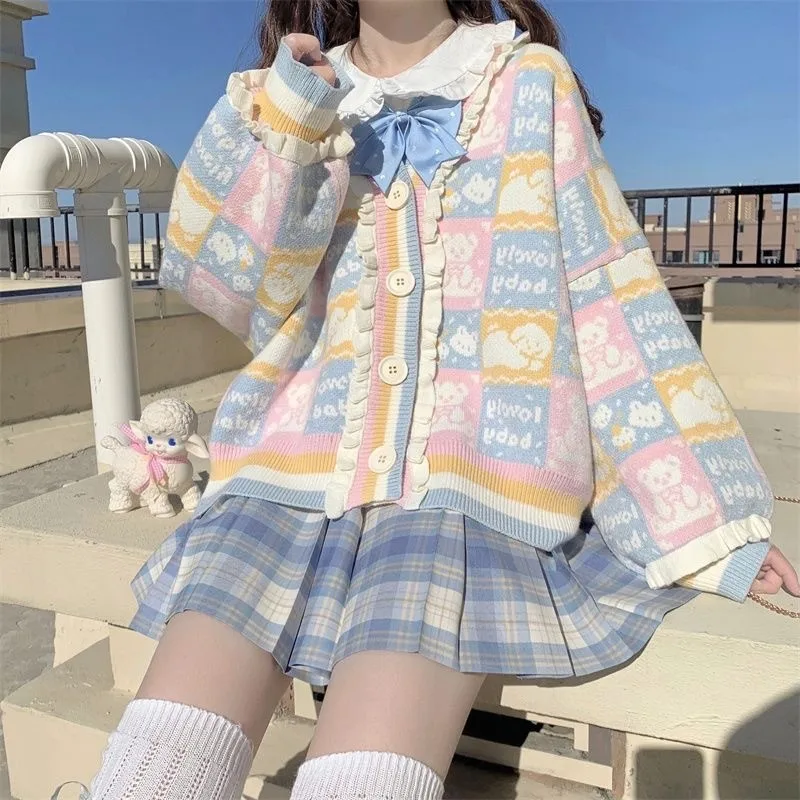 

Cute Floral Knitted Open Cardigan Loose Fit Printed Lace Detail Spring Autumn Fre Sle Women's Long Sve Sweater