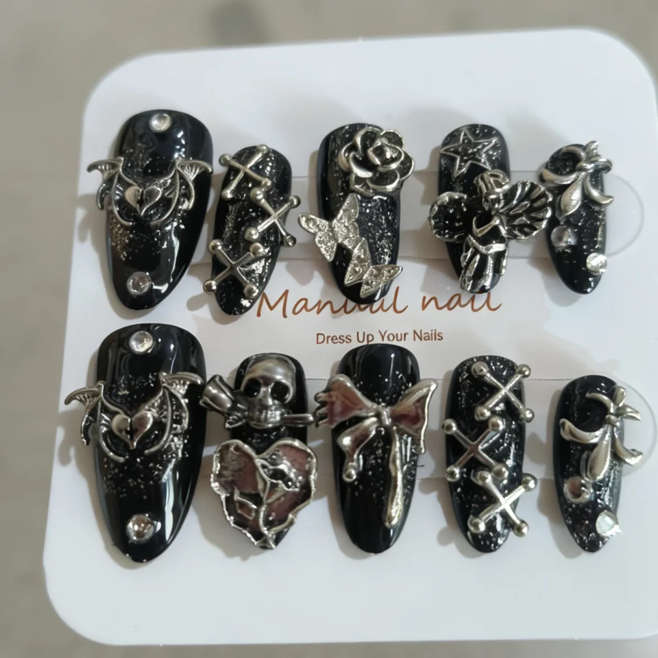 10 piezas de uñas postizas en forma de almendra, hermosas, con alas góticas oscuras y rosas, para mujer 2