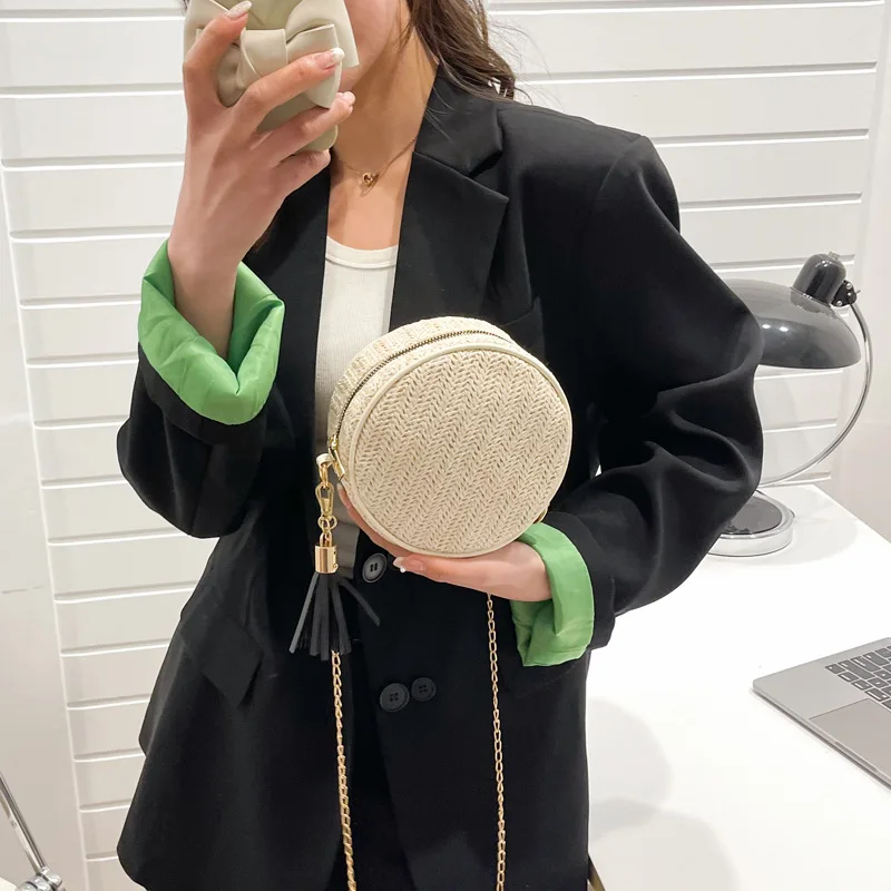 حقيبة يد نسائية، حقيبة منسوجة على الطراز الرعوي، حقيبة كتف مفردة منسوجة من القش كاجوال عتيقة، حقيبة كروس للعطلات على الشاطئ في الصيف