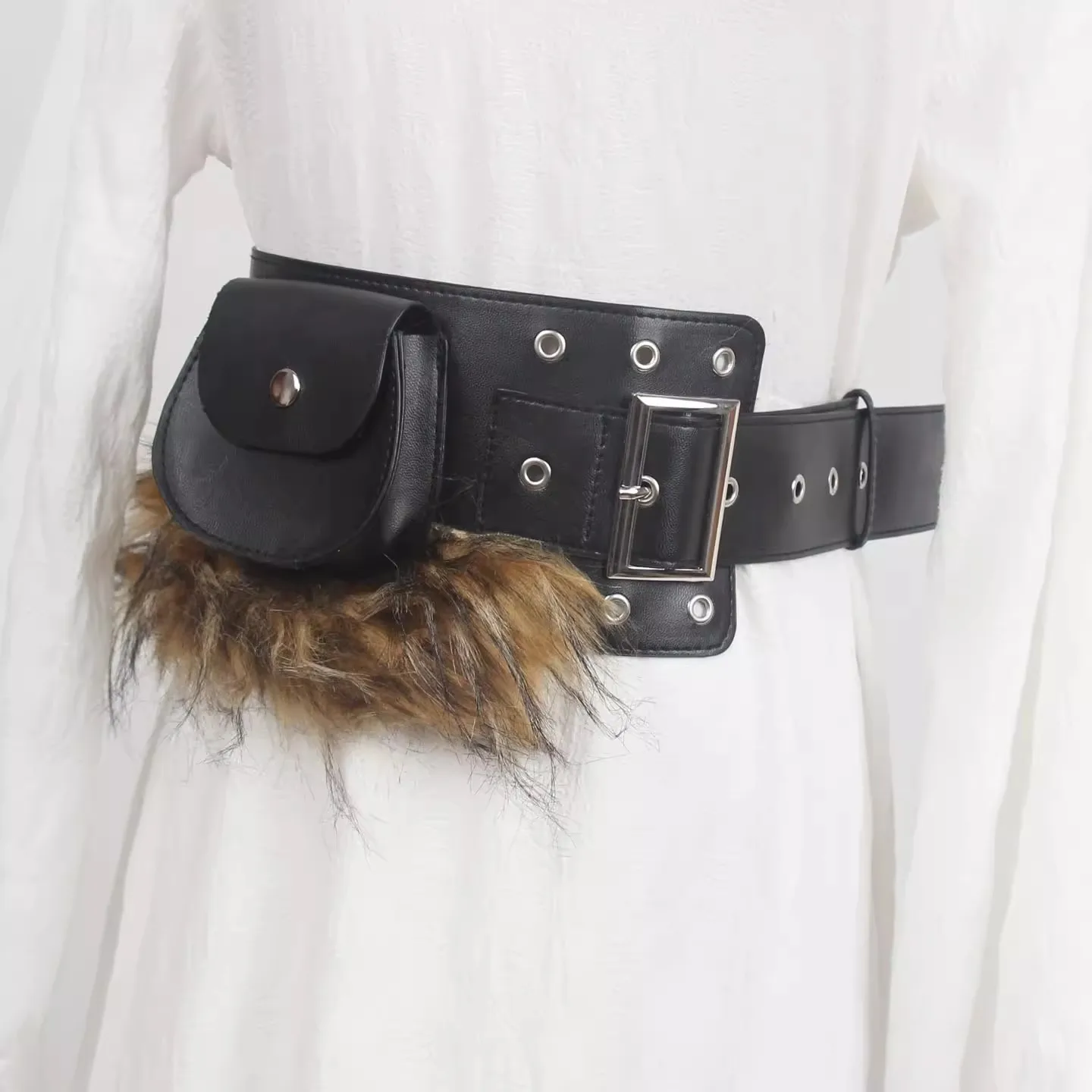 Women's Faux Fur PU Leather Corset Female Black Cummerbund Coat Waistband Dress Decration Wide Belt J1575