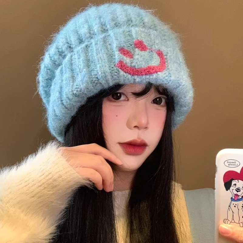 

Smiley Blue Knitted Wool Hat Women's Winter Thick Warm Head Cold Hats Ear Protection Hat