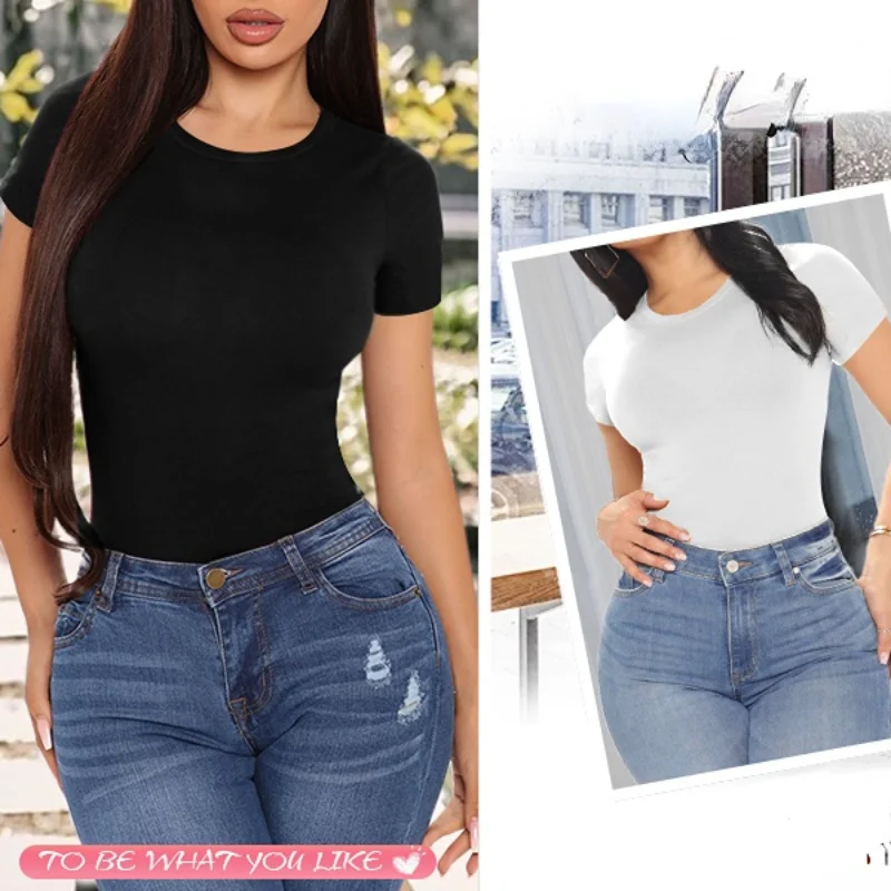 Damen Rundhals Kurzarm T-Shirts Basic Body suits sexy eng anliegende Party schlanke Overall Mode Street Casual Stram pler