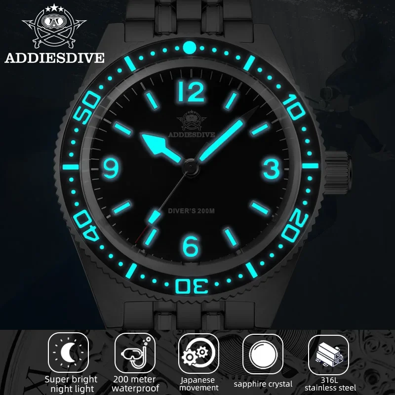 Addiesdive Ad2033 Business Quartz Horloge Rvs Saffier Horloges Voor Heren 200M Dive Relogio Masculino Lichtgevende Polshorloge