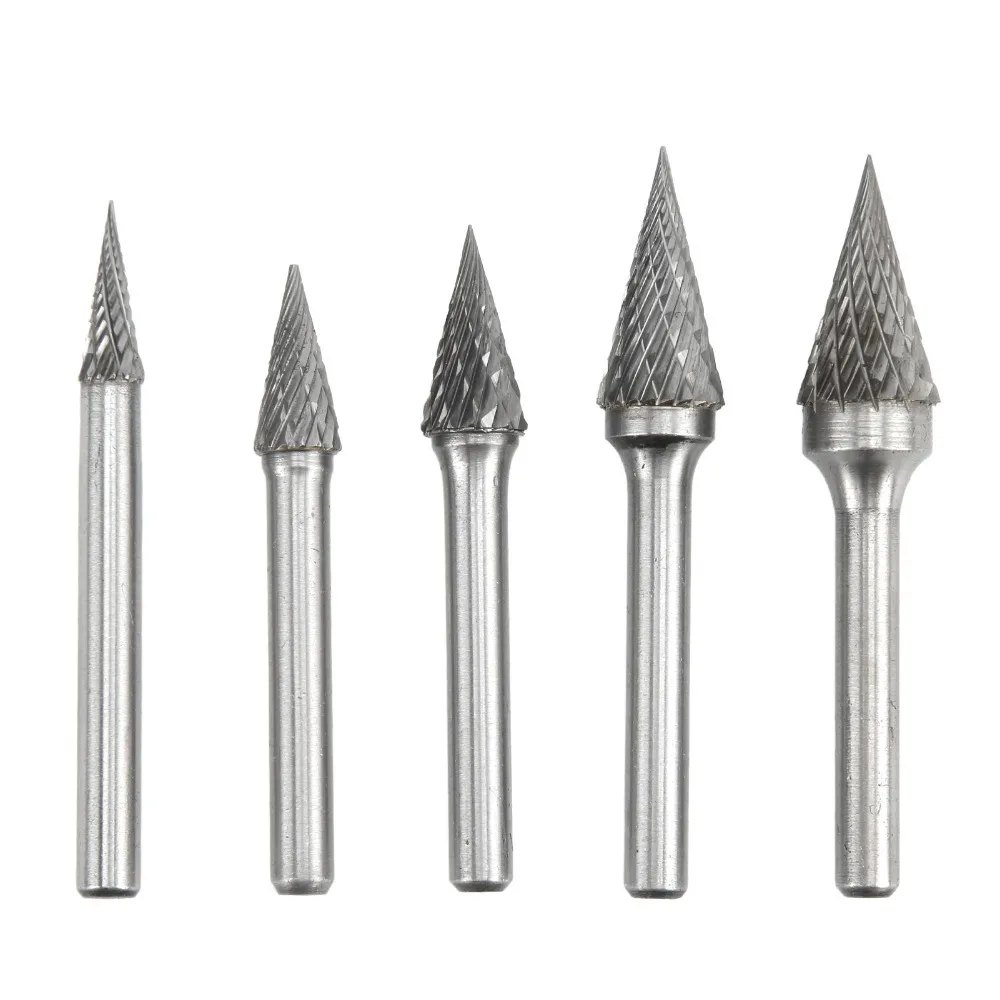 5PCS 6mm Shank Carbide Rotary Burrs 6-14mm Cutter Head Pointed Tree Shape Double Cut Rotary Files Double Cut Universal