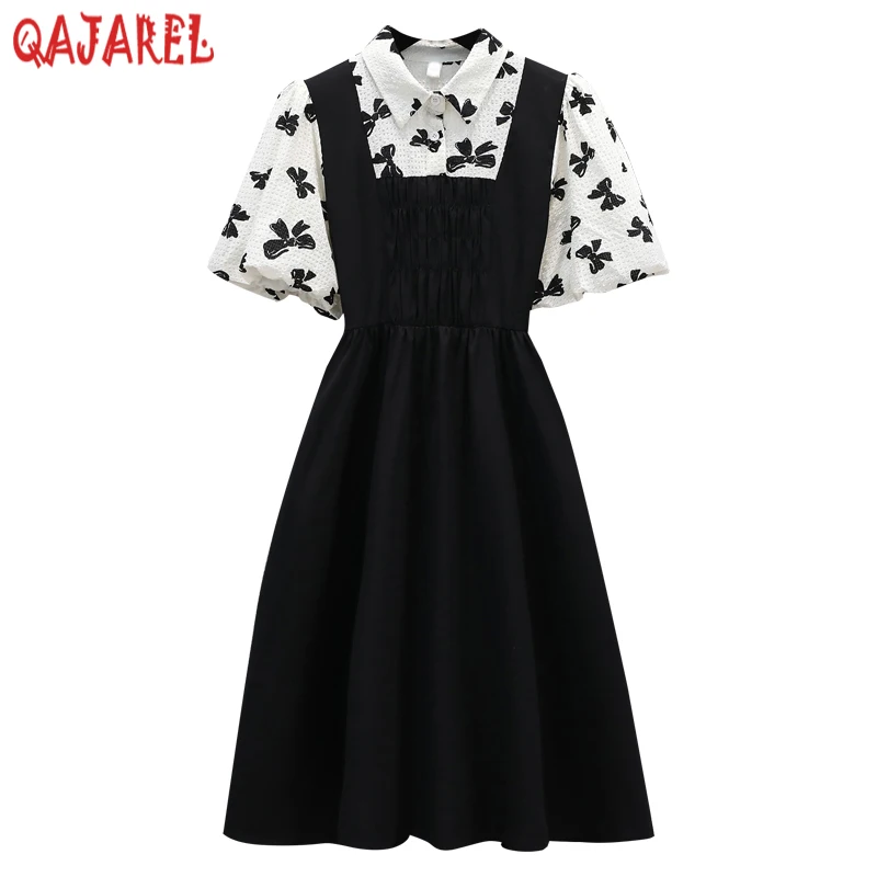 

2024 Black Patchwork Floral Short Sleeve Polo Collar Midi Dress Women Black Korean Vintage Hepburen Dress Summer Elegant Dresses