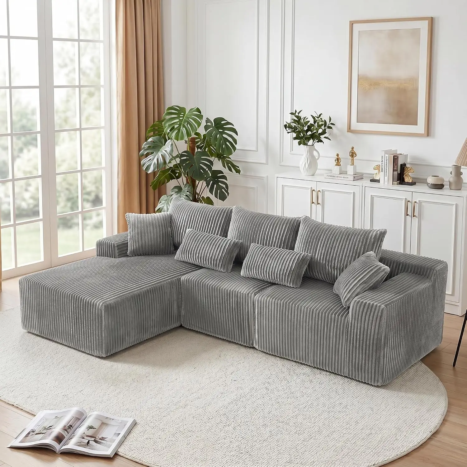 109'' Modular Sectional Boneless Couches, Cloud-Like L Shaped Couch with Chaise, Soft Corduroy Upholstery, Deep, Customized