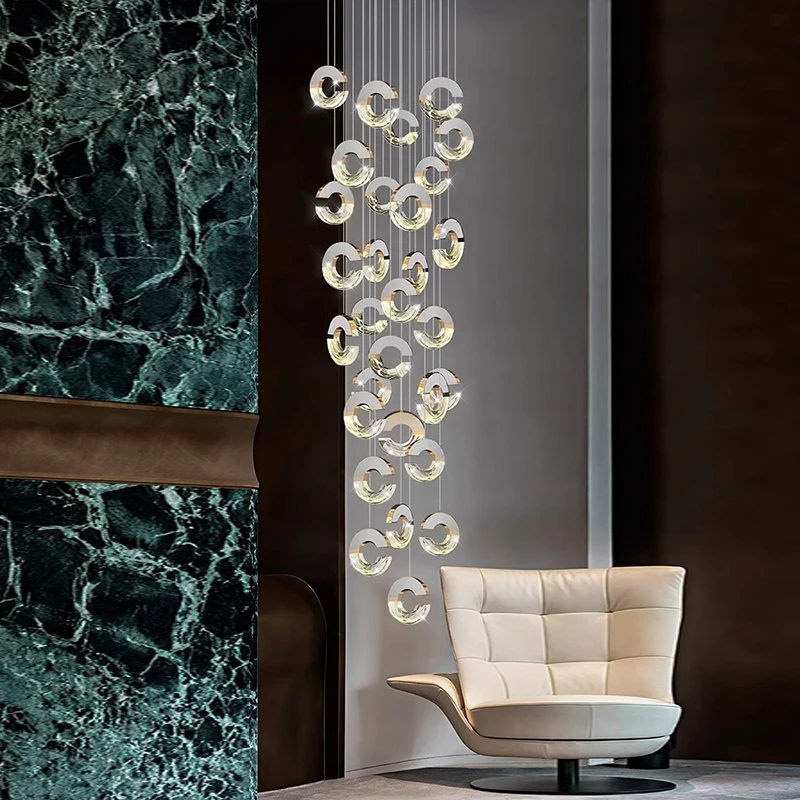 ثريا كريستالية لتزيين المنزل الحديث، مصباح قلادة للدرج، أضواء قلادة لغرفة المعيشة، إضاءة داخلية