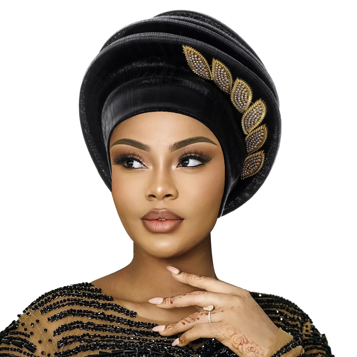 Boina en espiral con hojas y diamantes para mujer, turbantes africanos para la cabeza, boinas femeninas, turbante, tocado nigeriano, Gele para fiesta de boda