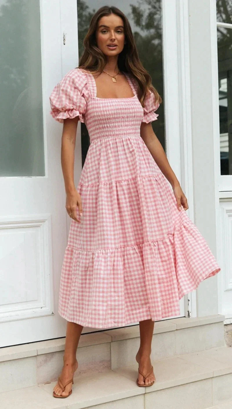 Nice Women Spring Summer Style Dress Lady Casual Short Puff Sleeve Square Collar Plaid Printed Dress