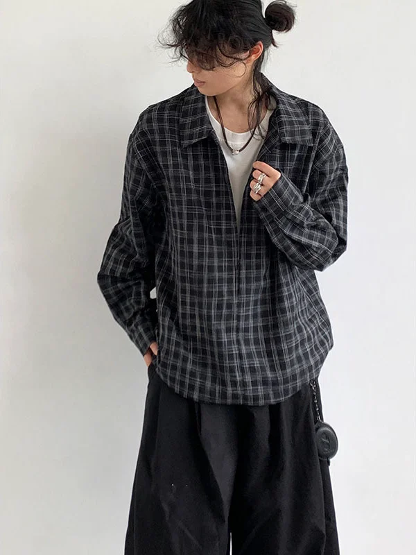 Autumnal Japanese Style Plaid Long Sleeve Hoodie Men's Neutral Color Block Inner Shirt  Casual Fashion Polyester Fiber