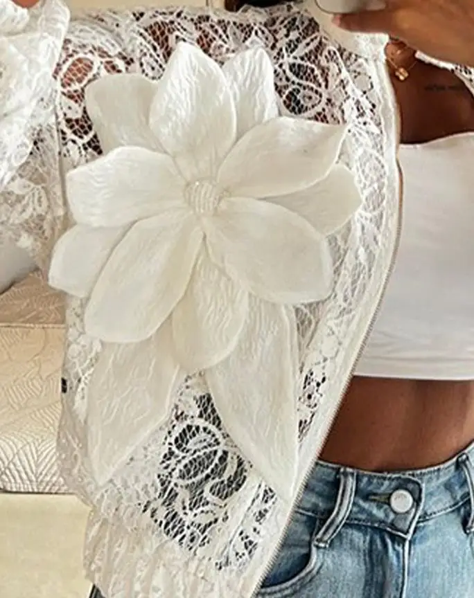 Women's Jacket 2025 Spring Autumn New Fashion 3D Flower Decor Lace See Through Crop Jacket Casual Loose Fit Long Sleeve Coat