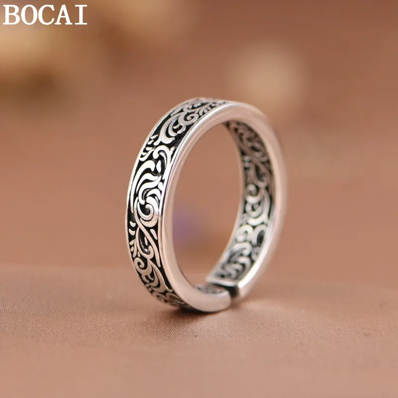 BOCAI NEW S925 Silver Jewelry Retro Literary Tang Grass Pattern Ring for Women Fashionable Gifts