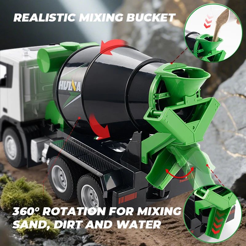 HUI NA TOYS Escala 1:18 Caminhão misturador de cimento RC de liga de 9 canais com 360 °   Tambor giratório e funil de mistura, sistema de controle tátil