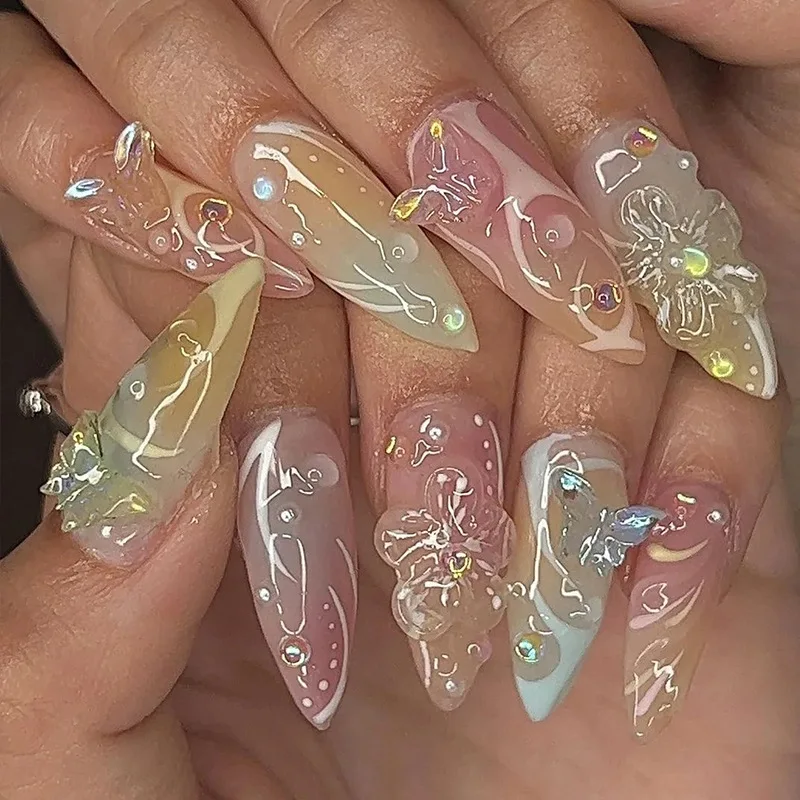 

24PCS Colorful Gradient French Press on Nails 3D Butterfly Flowers Almond Fake Nails Spice Girls with Diamonds Wearable Manicure