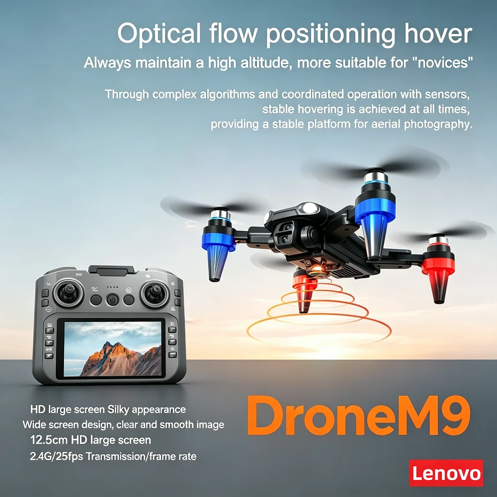 Dron Lenovo M9 con GPS, Cámara Dual 4K, Motor sin Escobillas 8K, Posicionamiento por Flujo Óptico, Pantalla de 12.5 Pulgadas, Control Remoto, Vuelo por Trayectoria