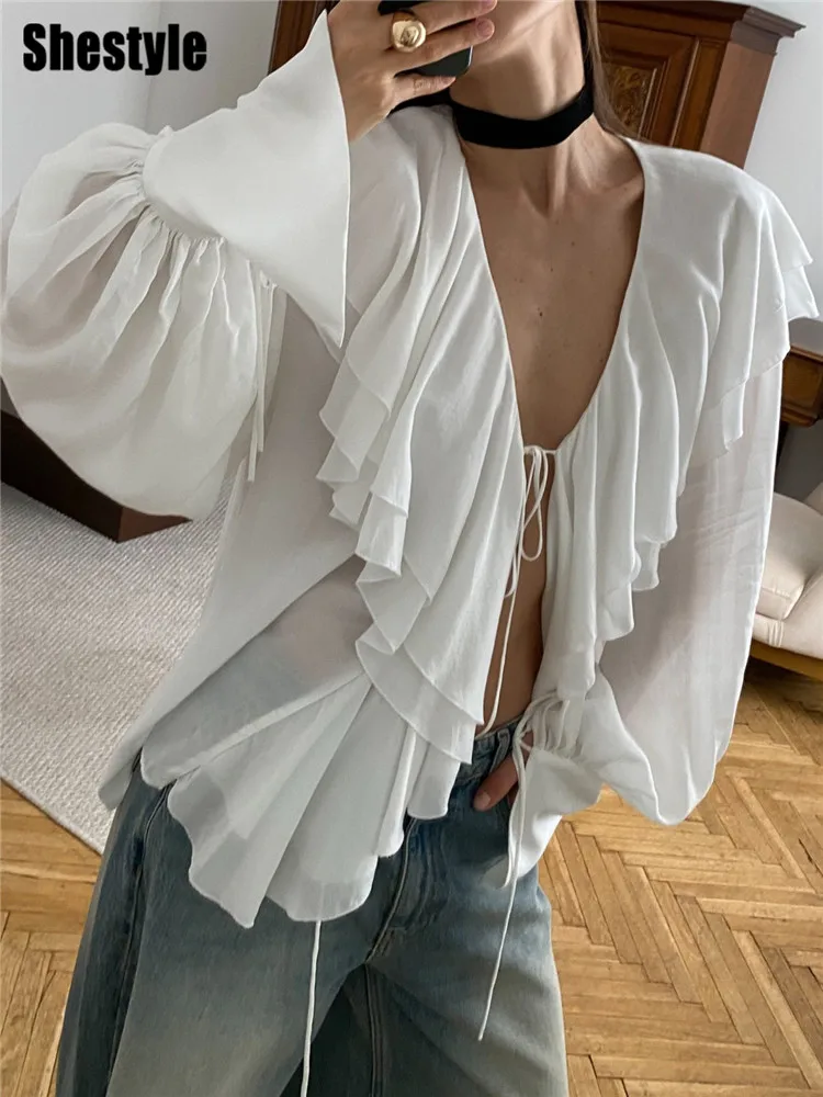 

Shestyle White Ruffles Chiffon Shirts for Women Loose Casual Open Stitch Peter Pan Collar Blouse Short V Neck Fashion Tops