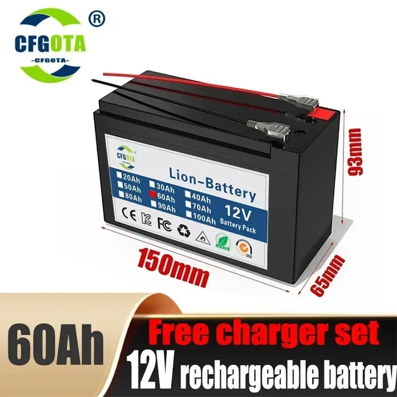 

12V 60Ah 18650 lithium battery for Solar Panels 30A built-in high current BMS electric vehicle battery +12.6V charger