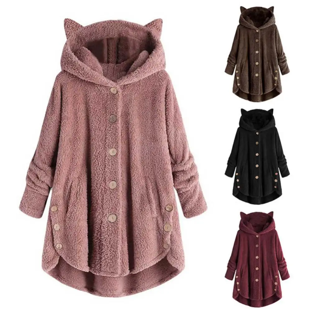 Cute Women Winter Cute Cats Ears Hooded Irregular Hem Buttons Jacket Fleece Coat Autumn women\'s plus velvet sports sweater gifts