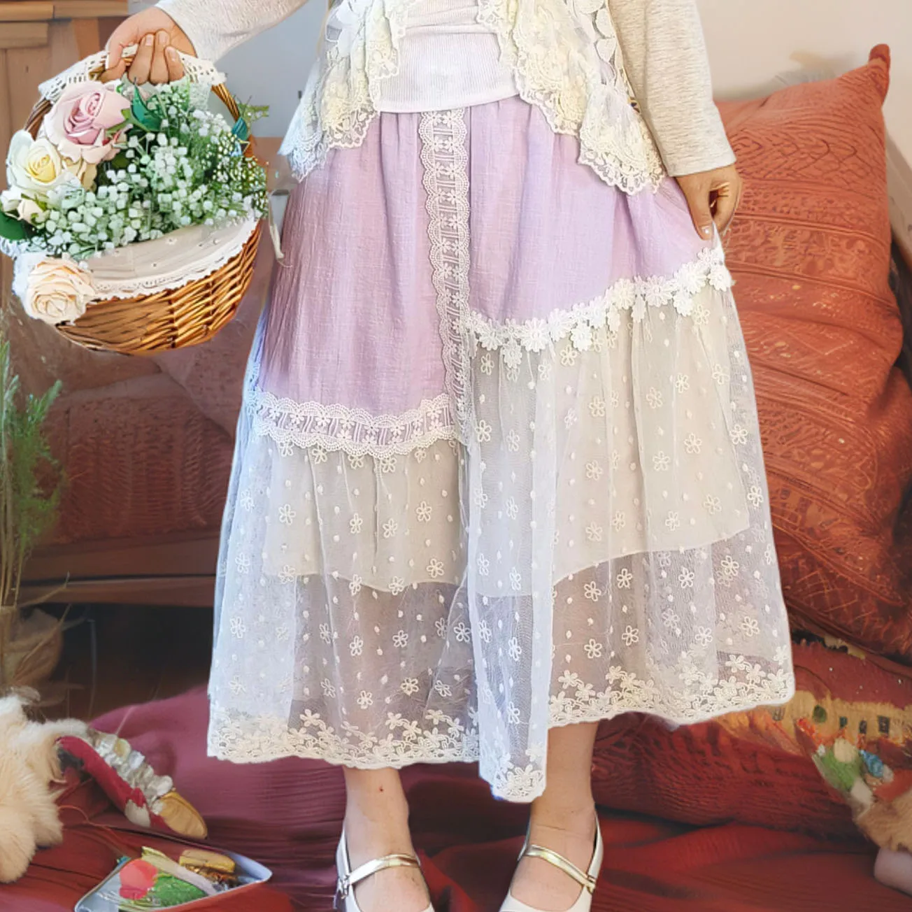 Japan Style Sweet Mori Girl Asymmetry Lace Patchwork Skirt Women Spring Summer Kawaii Macaron Color Purple Fairy Skirt