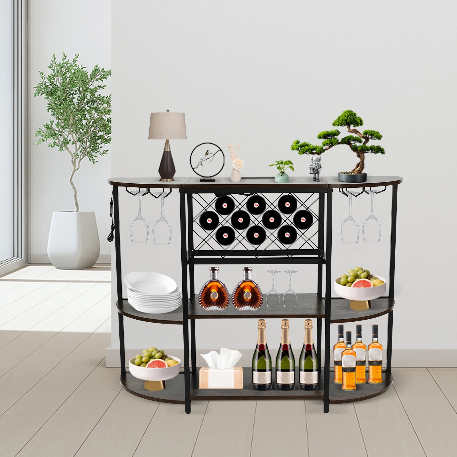 Coffee Bar Table Cabinet with Power Outlet LED Light Liquor Wine Storage Stand Metal Coffee Bar Cabinet with Outlet and LED Ligh