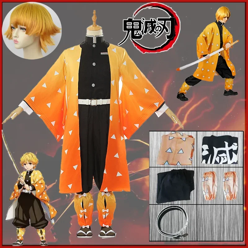 Agatsuma Zenitsu Cosplay Costume Anime Demon Slayer Kimono Party Uniform Kimetsu no Yaiba Devil Hunter Clothes For Child Adult