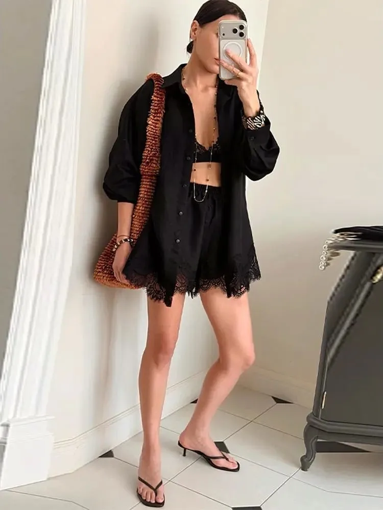 

Ladies Casual Lapel Long Sleeve Shirt Lace Patchwork Shorts Set Spring Fashion Women's Clothing Outfit Chinese Brand XJGOOD
