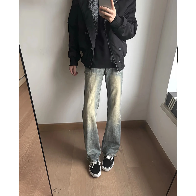 

American High Street Retro Blue Knife Men's Jeans Clean Fit Straight Leg Micro Flare Vibe Style Casual Jeans