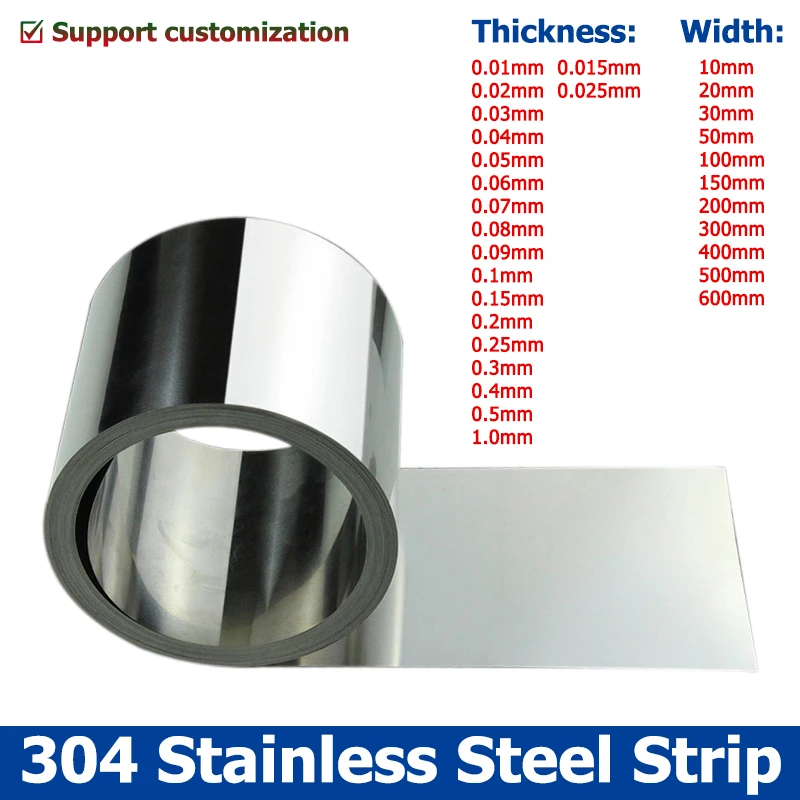 

1Meter 304 Stainless Steel Strip Sheet Thickness 0.01-1mm Steel Coil Steel Plate Width 10-50mm 0.02/0.05/ 0.1/0.2/0.3/0.4/0.5mm