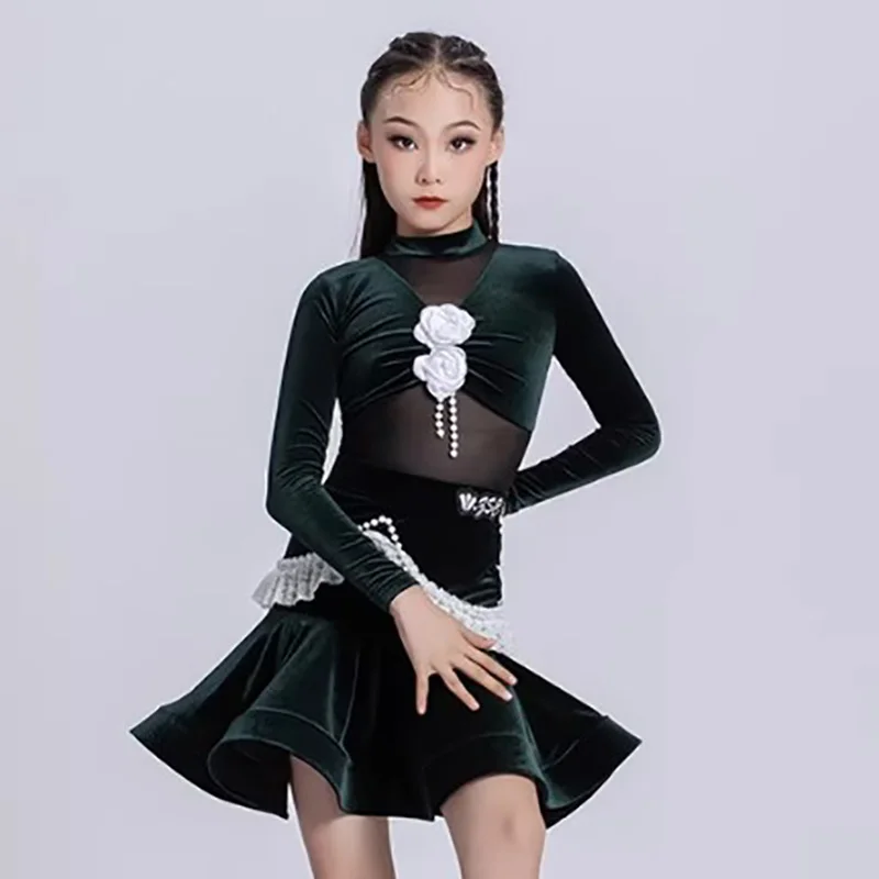 

Green Latin Dance Competition Dress Kids Girls Professional Performance Bodysuit and Swing Skirts Winter Velvet Practice Costume