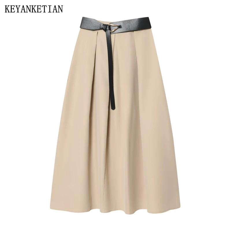

KEYANKETIAN осенняя новая женская плиссированная пояс с высокой талией и накидкой, стильная юбка-миди, юбка трапециевидной формы