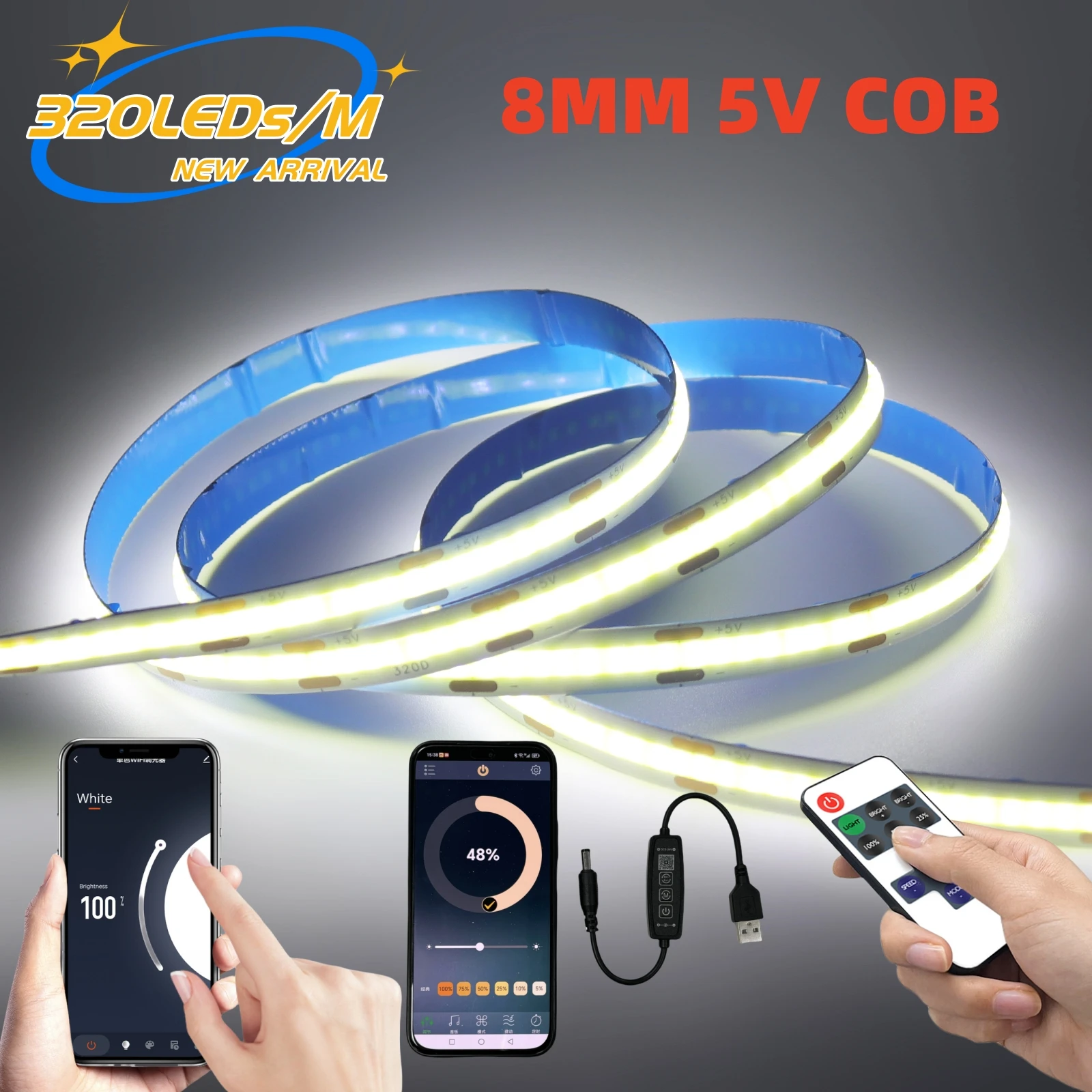5V USB COB LED Strip Tuya WiFi/Bluetooth/17Keys Remote/DC Wire Flexible LED Tape Ribbon with Adhesive Rope Light Backlight Decor