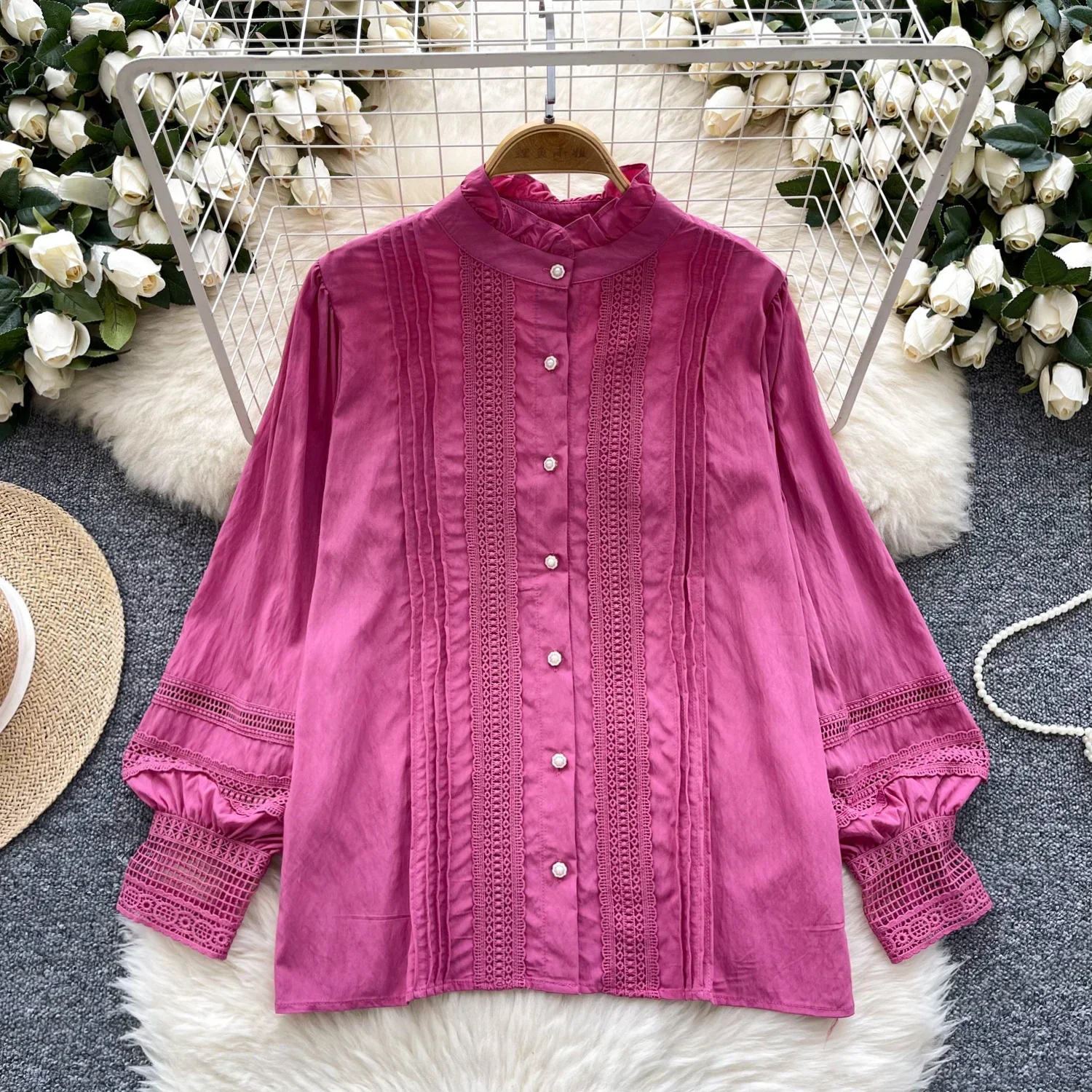 Chic Vintage Stand Collar Lace Spliced Long Lantern Sleeve Casual Single Breasted Shirt Loose Women Basics High Street Blouse