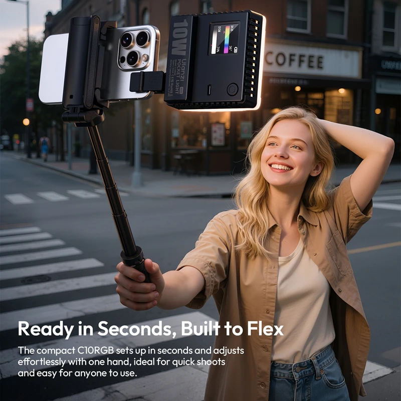 Ulanzi C10RGB قوة الجيب 10 واط RGB الفيديو الضوئي 1800 كيلو-9000 كيلو ثنائي اللون مصباح ليد للهاتف كاميرا ترايبود فيديو مدونة فيديو التصوير الفوتوغرافي