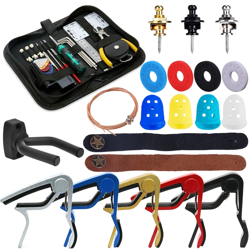 Kit de accesorios para guitarra, capo para guitarra, cuerdas, correa, pin de extremo, almohadilla de silicona, enrollador de cuerdas, para guitarra eléctrica acústica TMZ