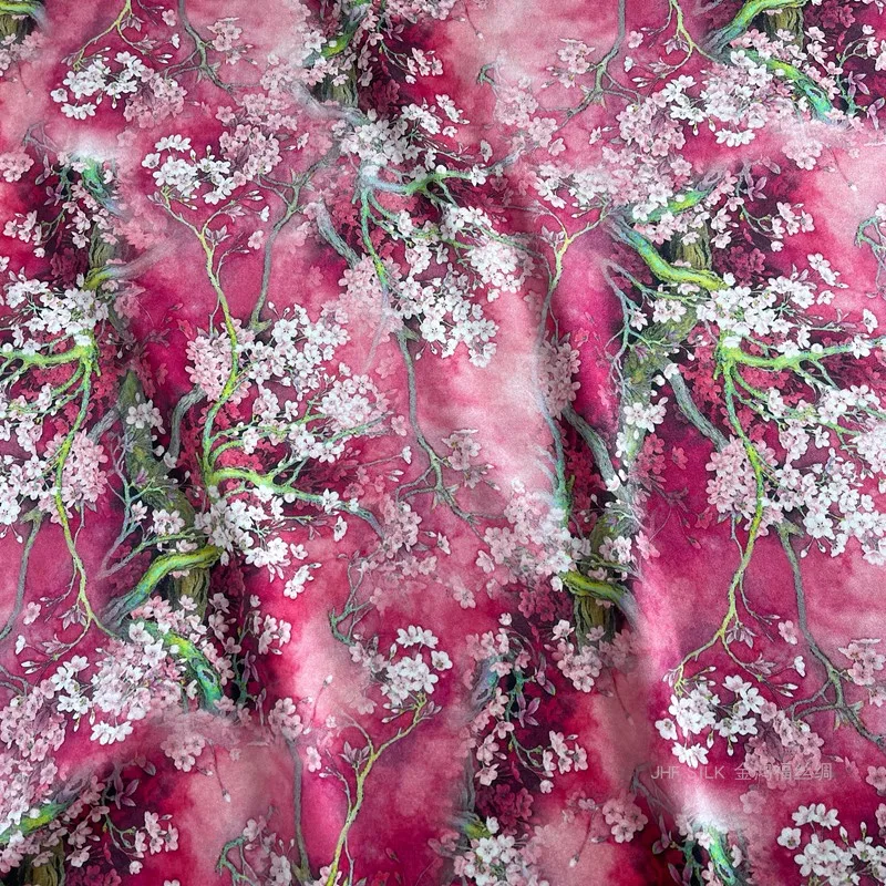 High-End Heavy Silk Fabric 40MM Elastic Heavy Satin with Phantom Pear Blossom Red Print | Ideal for dress
