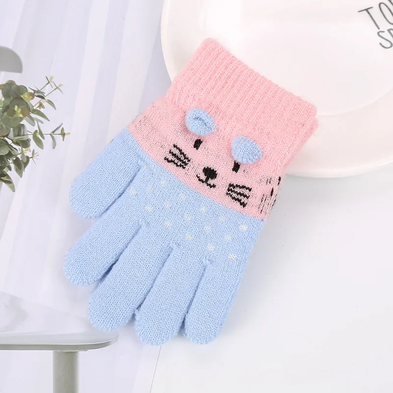 1 Pair Warm Furry Cute Kids Boy Girl Glove Sweet Cartoon Animal Kitten Toddler Glove Autumn Winter Thicken Plush Outdoor Gloves