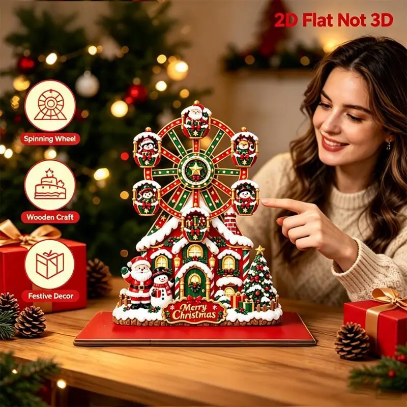 [1PC 2D Flat Christmas Wooden Ferris Wheel Decor, Spinning Xmas Tabletop Ornament, Santa Snowman Holiday Home Decoration]