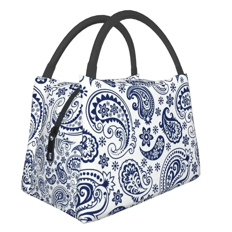 

Blue And White Vintage Paisley Style Insulated Lunch Bag for Women Leakproof Flowers Pattern Cooler Thermal Tote