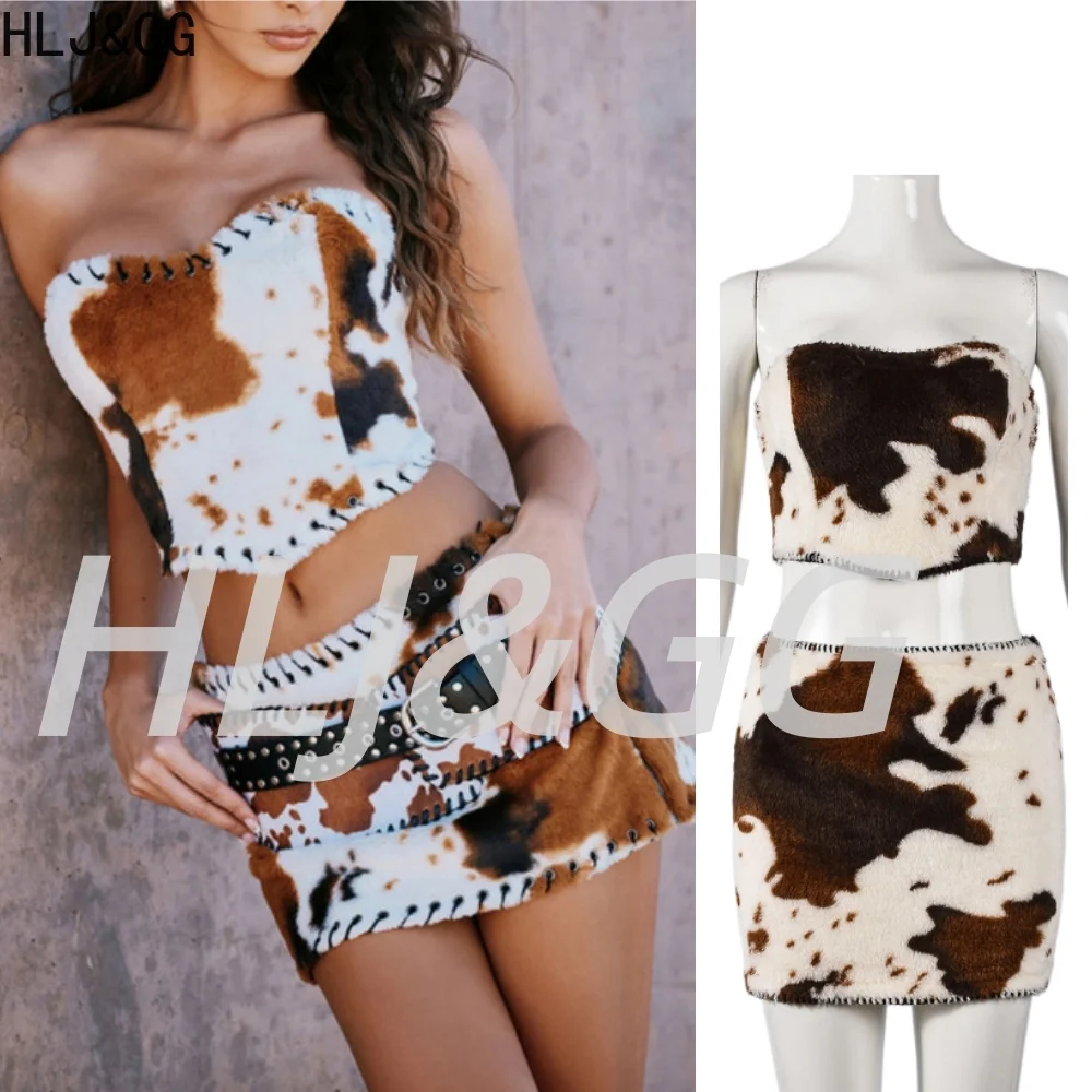 HLJ&GG Cow Print Tie Dye Fleece Fur Y2K Two Piece Sets Women Off Shoulder Sleeveless Crop Top And Skirts Outfits Sexy Streetwear