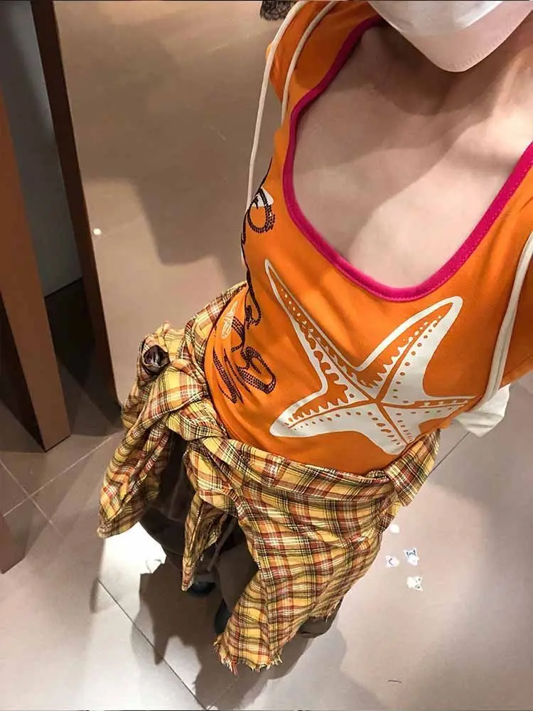 HOUZHOU Y2k Harajuku T Shirts Women Vintage Spicy Girl Orange Crop Tops American Retro 2000s Slim Short Sleeve Graphic T-Shirt