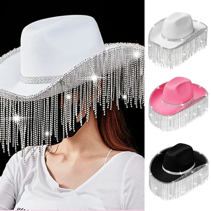 

Stylish Rhinestones Fringe Glitter Rave Cowgirl Hat Women Western Tassels Cowboy Hat for Halloween Dress Up Cosplays Party Cap