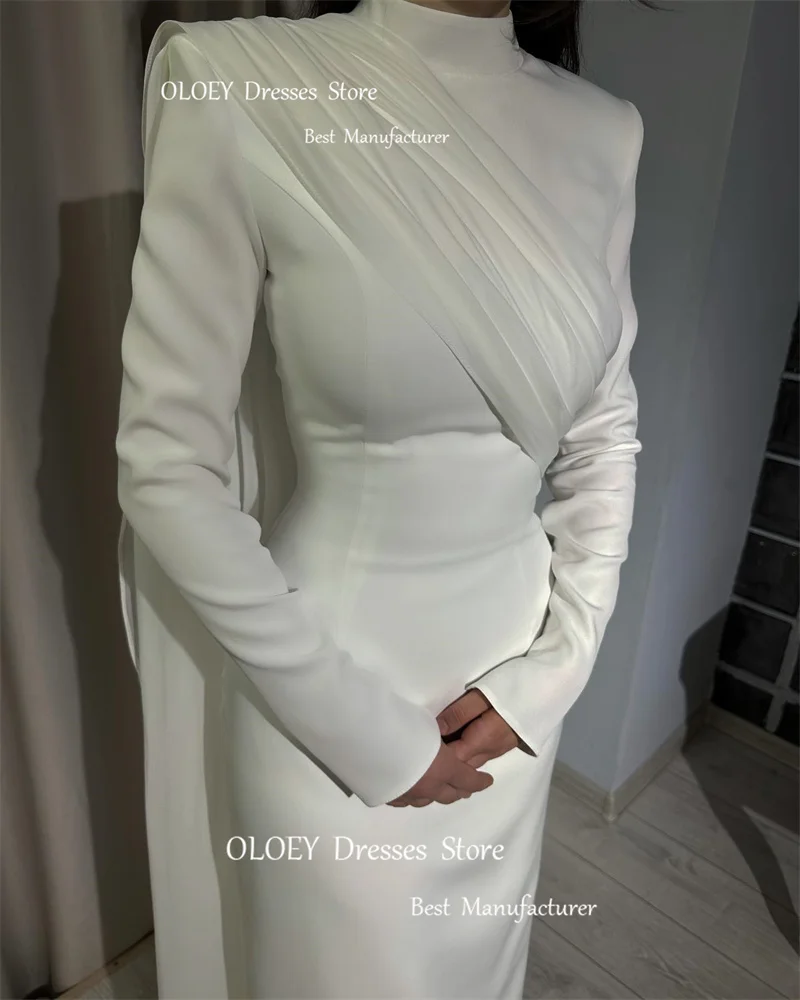 OLOEY Modest White Silk Soft Satin Muslim Arabic Women Evening Dresses Long Sleeves High Neck Vintage Simple Wedding Party Dress