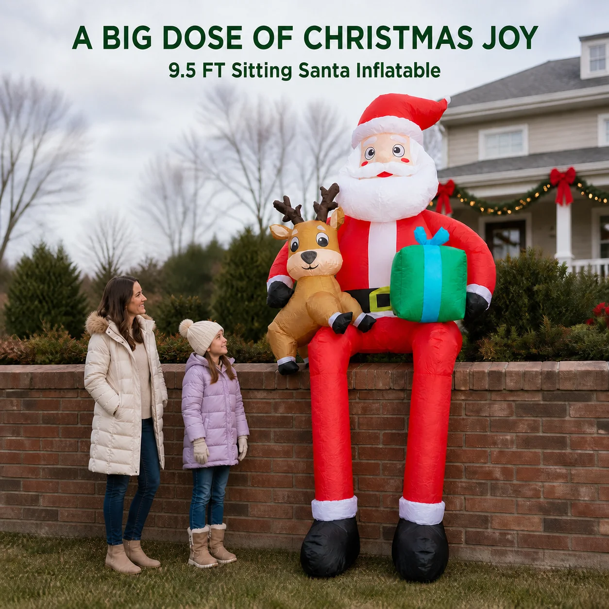 9.5ft Sitting Santa Claus Xmas Holiday Decoration Inflatable Sitting Santa Placed on the Roof Ledge Giant Reindeer Toy with LED Lights Home Ornament Gifts Supplies for Kids Blow up Yard Decorations for Roof Party Garden Lawn Yard