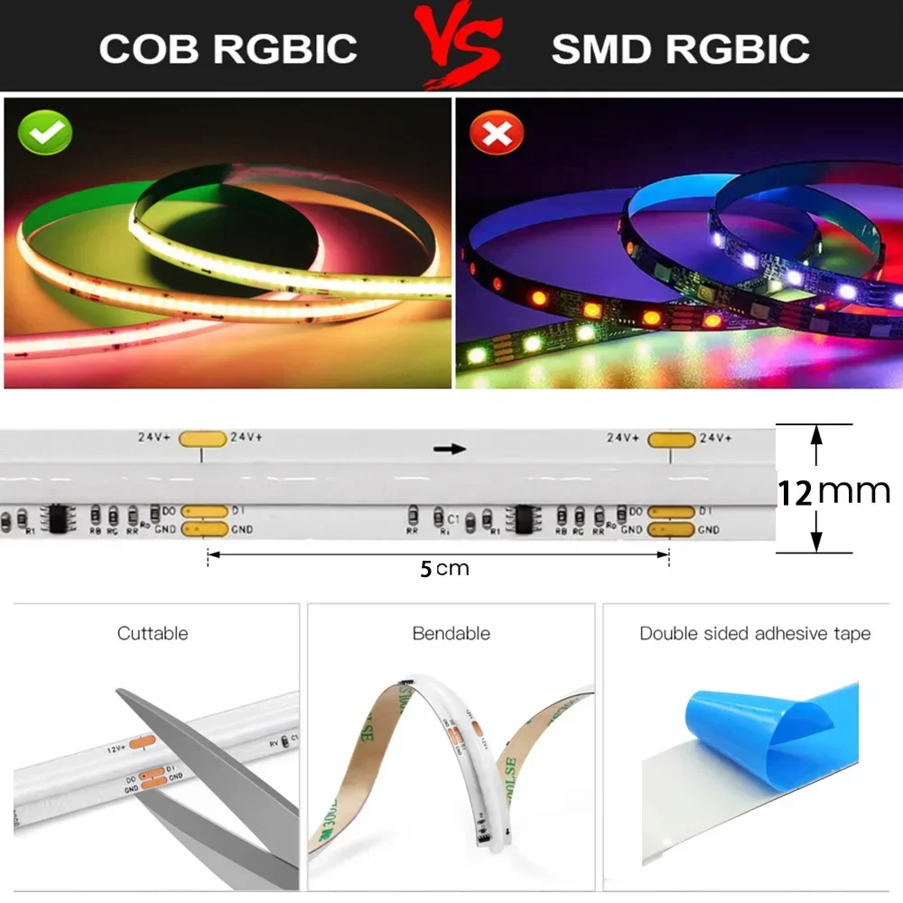 

5M 10M COB RGBIC Horse Racing Светодиодная лента WS2811 Pixel Flex Ribbon Strip Running Water Flow Tape Lamp DC24V Wi-Fi Set