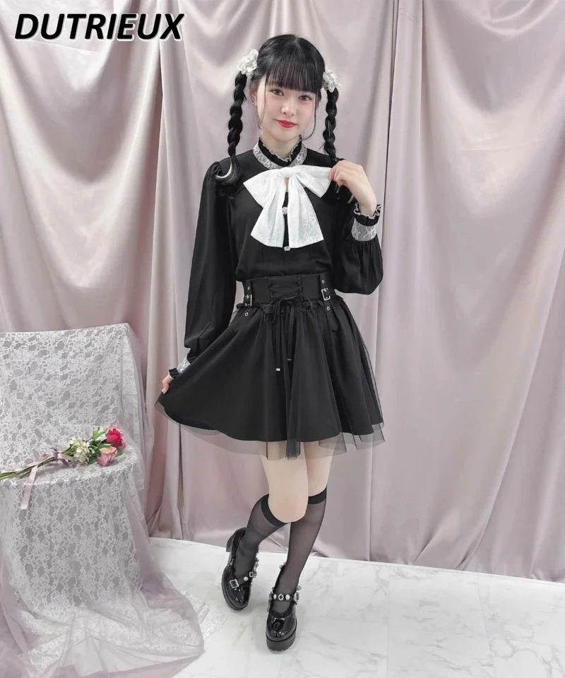 

Japanese Single Rojita Skirt Mine Series Mass Production Black Gauze Falda High Waist Sweet Cool Lolita Skirts Bow Pleated Skirt