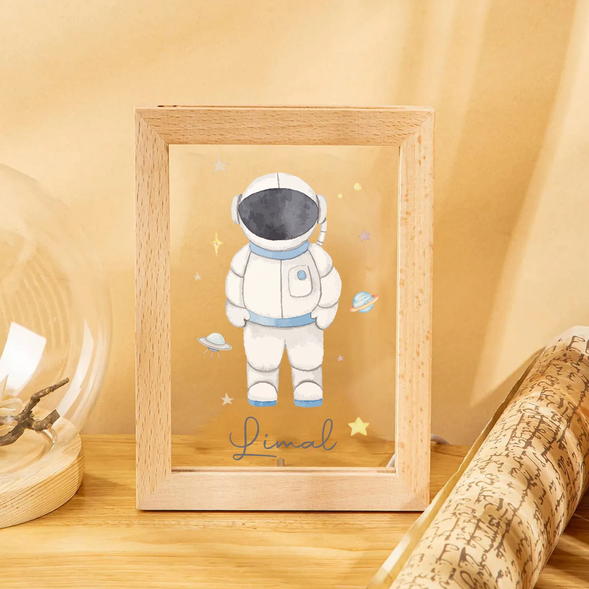 2D شقة مخصصة اسم رائد الفضاء LED الاكريليك ليلة ضوء الخشب إطار صور 21x17 سنتيمتر الكرتون الأطفال غرفة نوم الهدايا ديكور المنزل #4