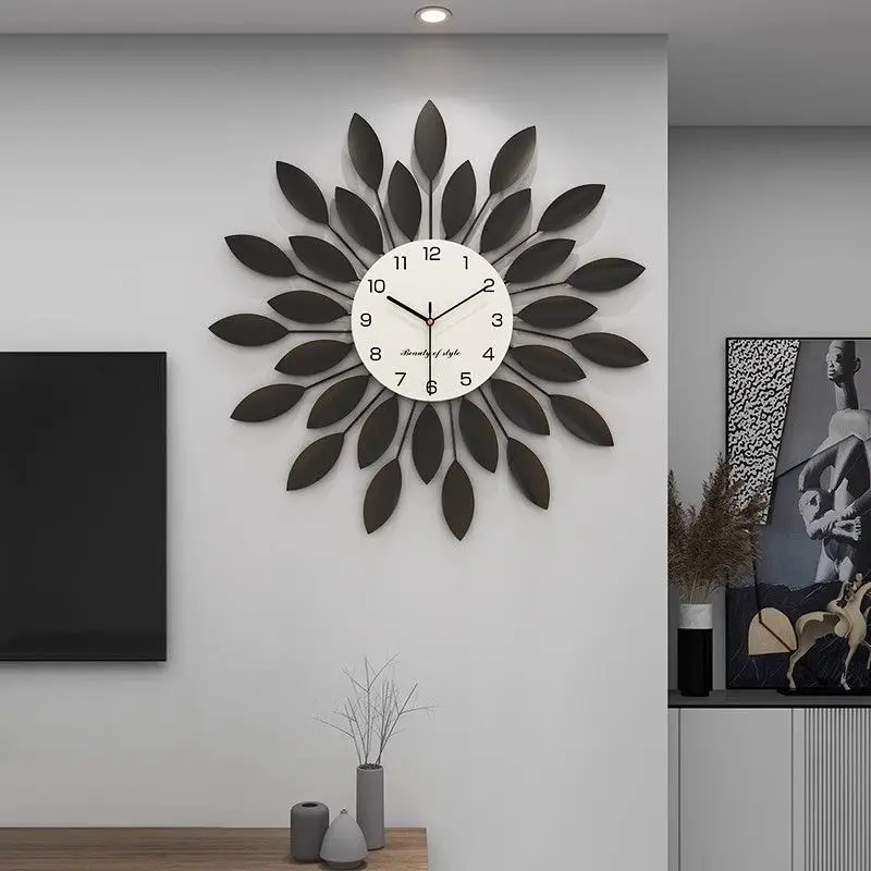 Resin Circular Silent Wall Clocks Creative Luxury Metal Leaves Living Room Wall Clocks Metal Pointer Modern Simple Home Decor