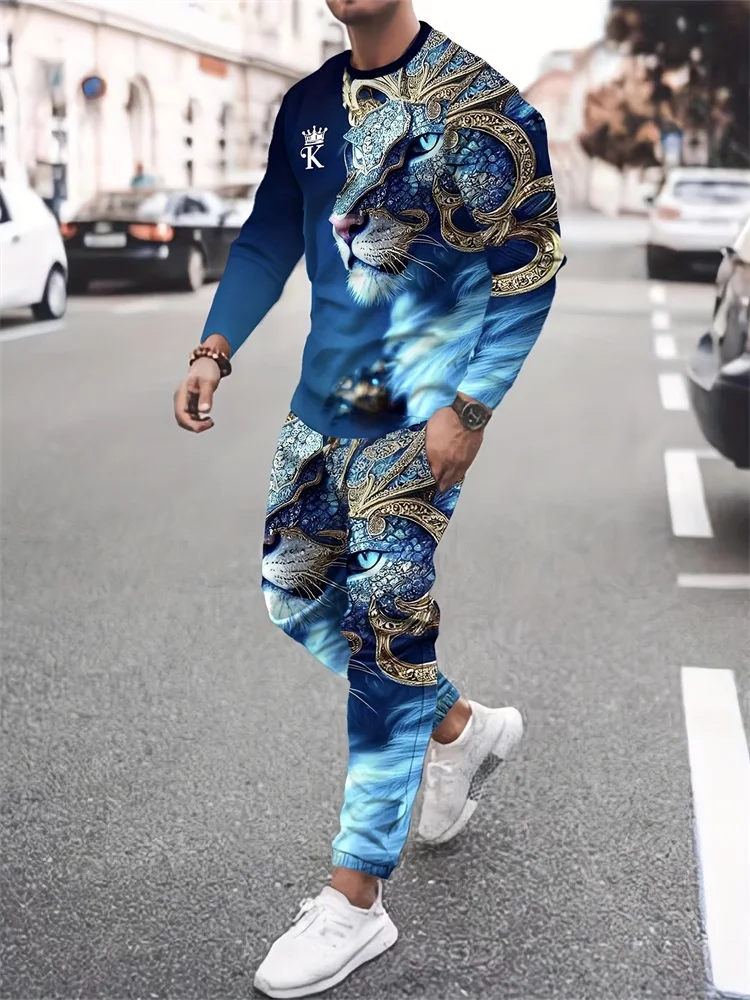 Nuevo rey poderoso León estampado en 3D de cuello redondo de manga larga 2 piezas traje urbano tendencia de calle moda hombres mangas largas y pantalones