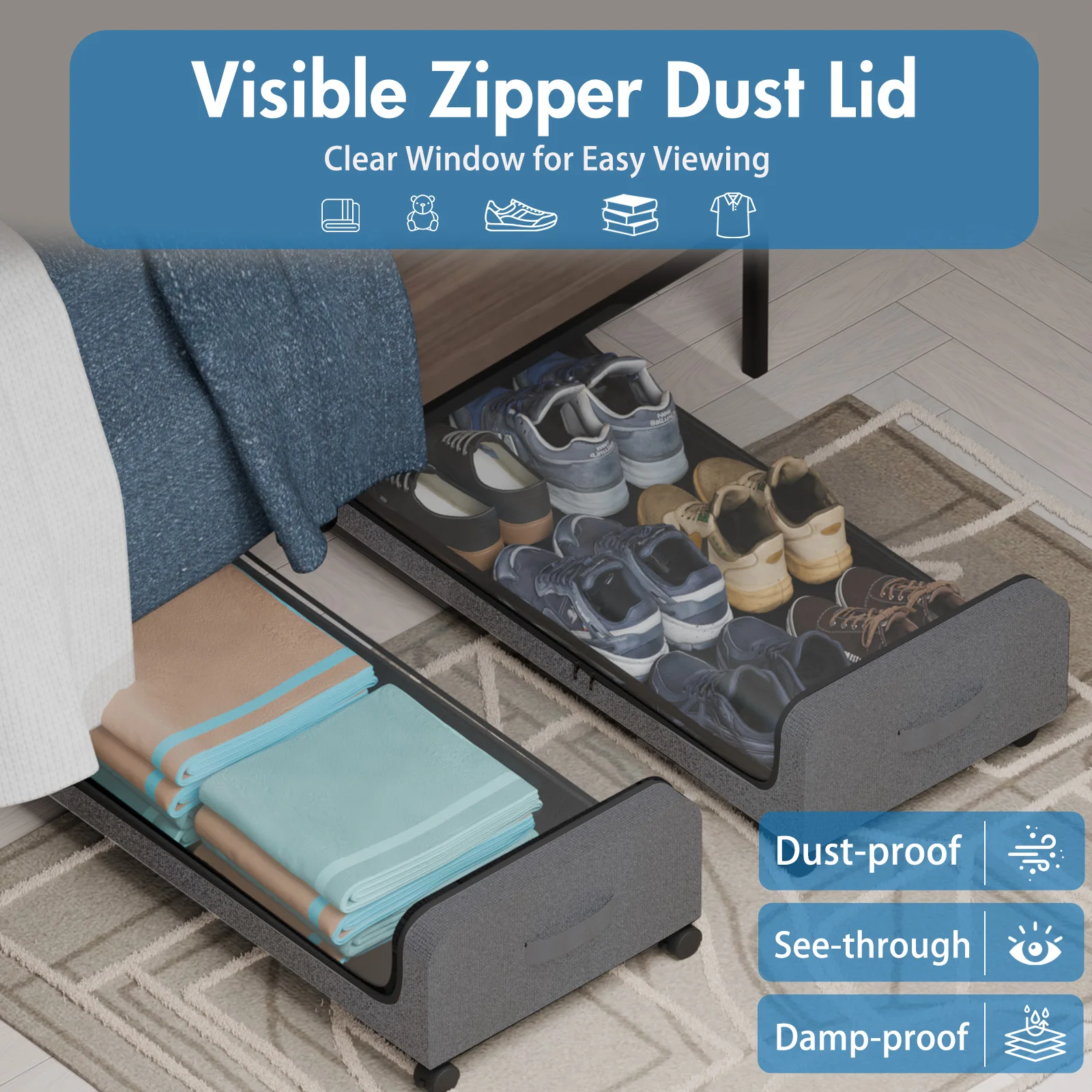 صندوق تخزين سرير مكون من قطعتين مع عجلات، صندوق تخزين متدحرج ذو سعة كبيرة مع نافذة شفافة ومقابض لألعاب الملابس والأحذية