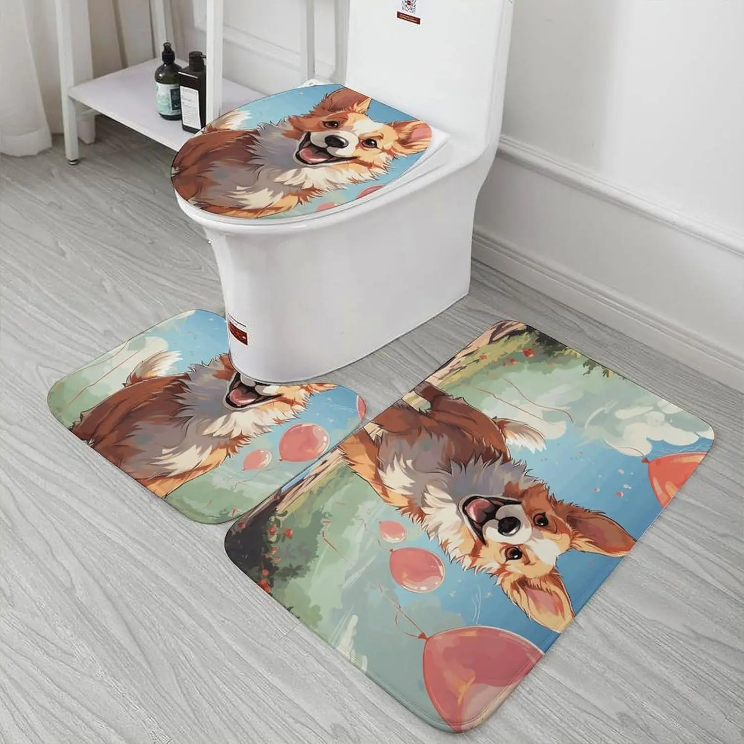 3 Piece Bath Rug Set Non Slip Absorbent Bath Mat Contour Mat with Toilet Lid Cover Balloons and Walking Corgi Soft Floor Mats